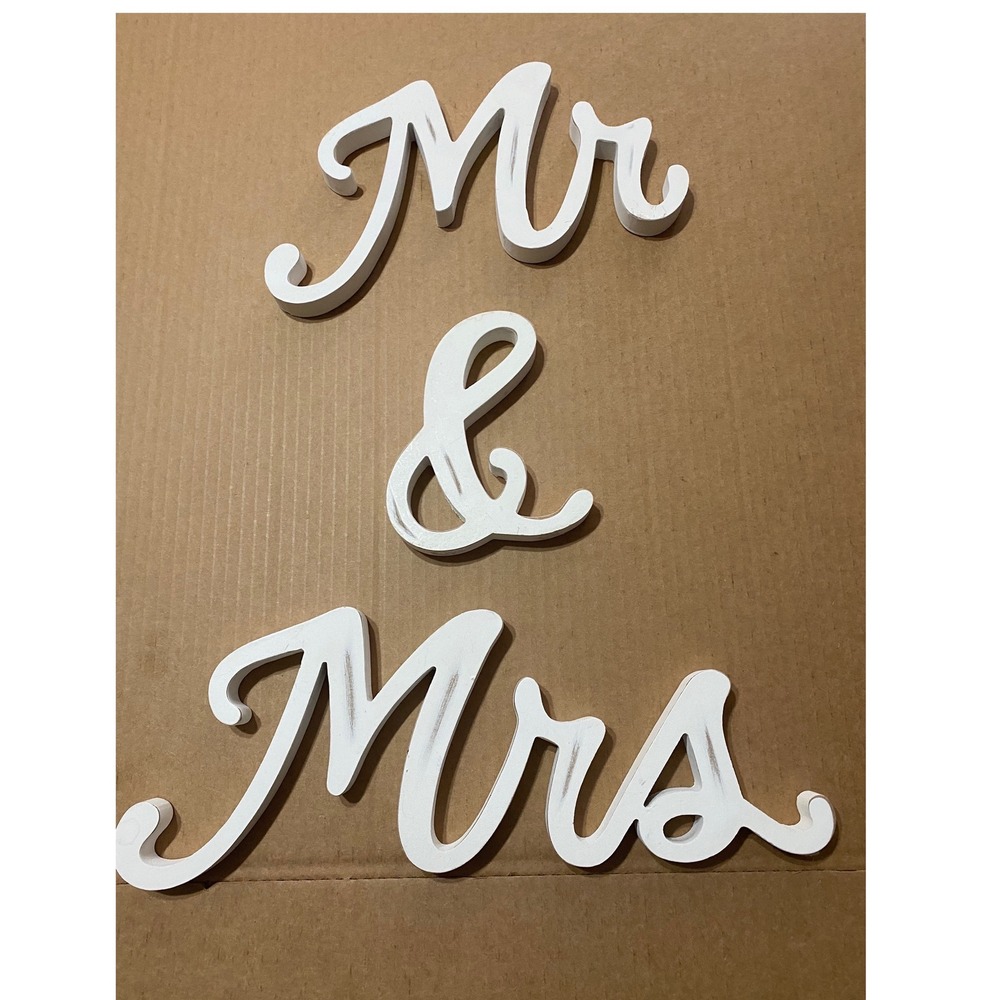 White Wooden Mr & Mrs Wedding Signs Distressed Rustic Sweetheart Table Decor Set